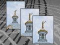 Grayscale photograph of industrial-style lines with an overlay of three images of a statue and crow showing full frame, APS-C, and Micro Four Thirds crop size comparisons