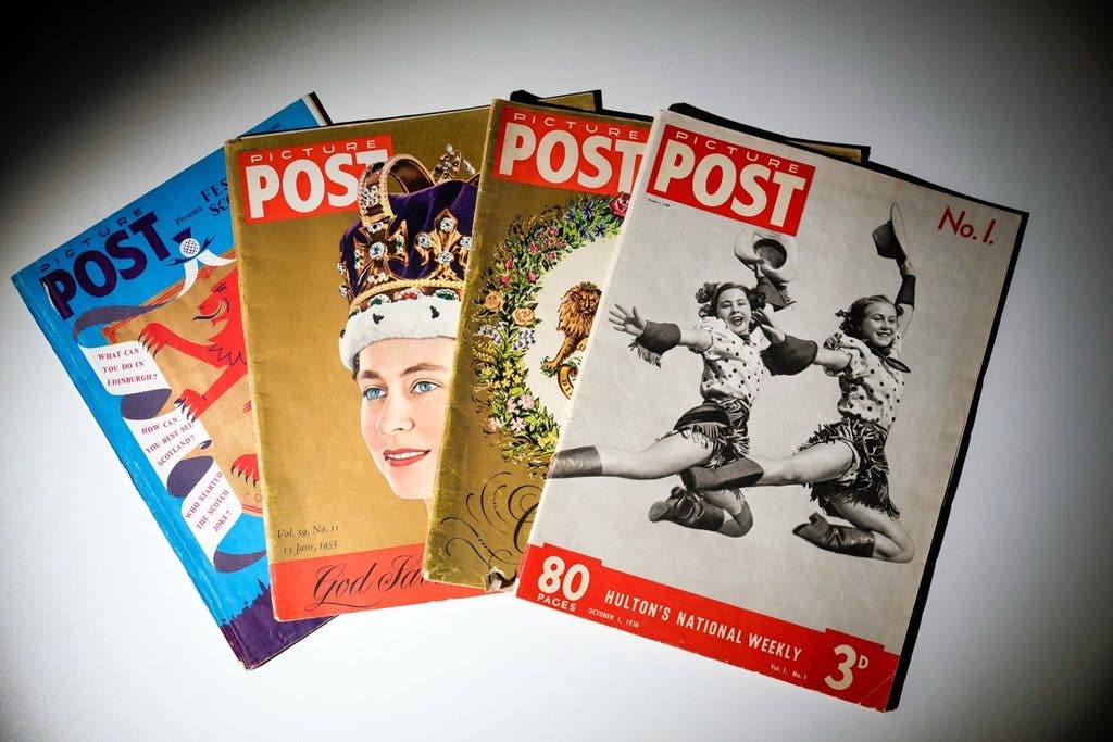 Copies of Picture Post magazine including the first edition (top) and the Coronation issue, displayed at the Getty Images Hulton Archive, London E16, 12th September 2023. (Photo by Chris Furlong/Getty Images)
