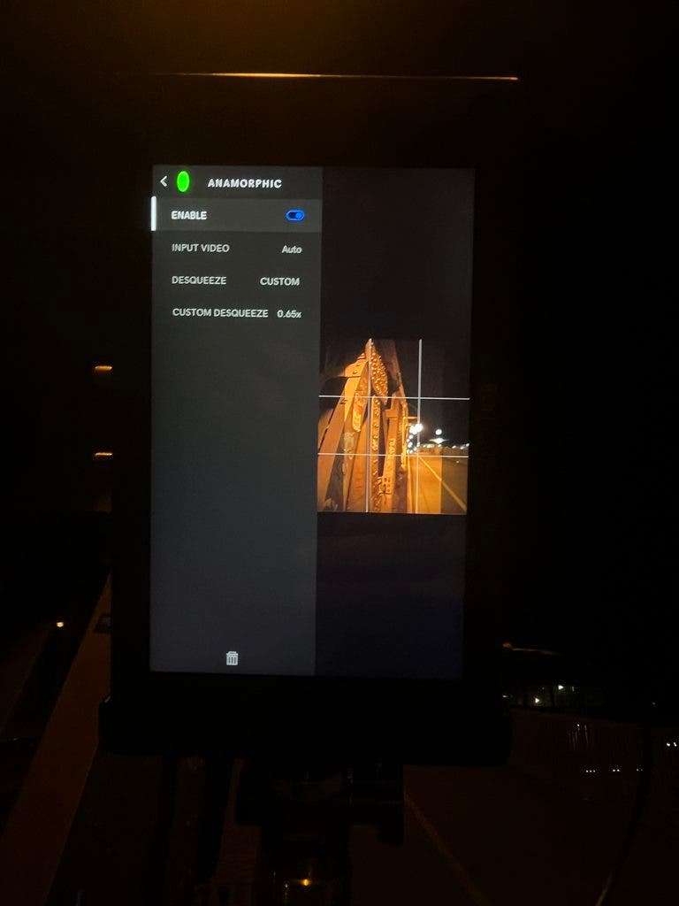 Showing the anamorphic functions with desqueeze set to custom while shooting vertiscope in Berlin at night.