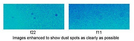 Images show small dust spots as f/22 and f/11