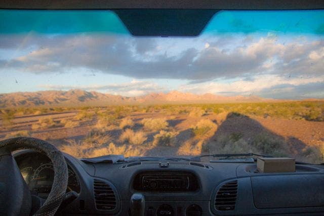 Morning view from Cyrus Sutton's van/mobile video editing office.