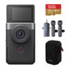 Canon PowerShot V10 Vlog Camera for Content Creators, Black, Bundle with 64GB UHS-I U3 microSDXC Memory Card with SD Adapter, 3-In-1 Wireless Lavalier Microphone and Small Camera Case Silver
