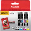 Canon PGI-250 and CLI-251 4-Cartridge Combo Pack, Includes Photo Paper Plus Glossy II, CLI-251C, CLI-251Y and CLI-251M Ink Tank, PGI-250PGBK Black Ink Tank for Select PIXMA Printers Multi