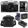 Fujifilm X-T30 III Mirrorless Camera with XC 13-33mm Lens, Charcoal Silver with 49mm Digital Essentials Filter Kit, NP-W126 Lithium-Ion Battery Pack, Compact Smart Charger Base,Smart Charger Plate, 1667x 128GB UHS-II SDXC Memory Card, and Alpine 160 Multi-Device Shoulder Bag Silver
