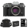 Fujifilm X-T50 Mirrorless Camera, Silver, Bundle with Li-Ion Battery, 64GB SDXC Memory Card and Shoulder Bag Charcoal Silver