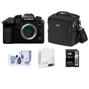 Panasonic LUMIX GH6 25.2MP 4K Ultra HD Mirrorless Digital Camera Body (DC-GH6BODY) (Black) + Panasonic Leica DG Summilux 9mm f/1.7 ASPH Lens + Matterport Axis Motorized Smartphone Mount + 128GB SDXC Card + Shoulder Bag + Screen Protector & Cleaning Kit