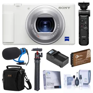 Sony ZV-1 Digital Camera, White w/Shooting Grip, Mic, Tripod