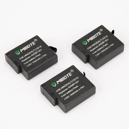 MIBOTE Rechargeable Battery 3 Pack x 1500mAh and Triple Charger for GoPro Hero 5Black, Hero 6 Black, Hero 7 Black, Hero (2020) (Fully Compatible with Original Camera)