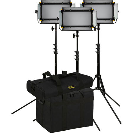 Ikan Mylo Soft Bi-Color 3-Point LED Light Kit, Includes 3x Barndoors, 3x Compact Light Stands, 3x Dual Battery Charger, 3x Yoke, 6x Sony "L" Series Style Batteries