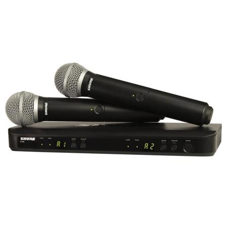 Shure BLX288/PG58 Dual Channel Handheld Wireless System, Includes BLX88 Dual-channel Receiver, 2x BLX2 Handheld Transmitter with PG58 Microphone, H10: 542.125-571.800MHz