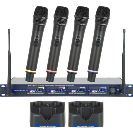 VocoPro UHF-5805-10 Professional Rechargeable Four Channel UHF Wireless Microphones, 9E, 9F, 9G, 9H Frequency Sets