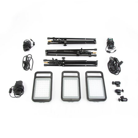 Litepanels Lykos 23W Bi-Color Flight Kit, Includes 3x Lykos Bi-Color LED Panels, 3x Ball Head Shoe Mounts, 3x Manfrotto Nano Stands and 3x Diffusion Gels