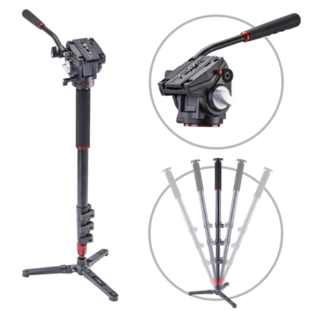 3Pod Orbit 4-Section Aluminum Handheld Monopod Stick for DSLR Photo & Video, Sports Cameras, with Fluid HD Video Head, Fluid Base Tripod Legs with Bag. 65"