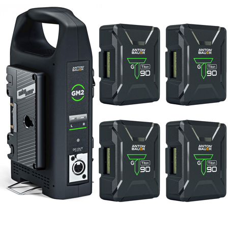 Anton Bauer Titon 90 92Wh 14.4V Gold Mount Lithium-Ion Battery, 4-Pack, Bundle with GM2 Dual Gold Mount Charger