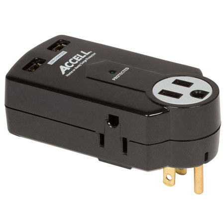 Accell Home or Away Power Station 3 Outlet Travel Surge Protector, Black