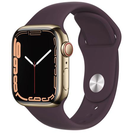 Apple Watch Series 7 GPS+Cell, 41mm Gold SS Case, Dark Cherry Sport Band, Reg