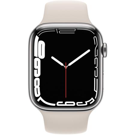 Apple Watch Series 7 GPS+Cell, 45mm Silver SS Case, Starlight Sport Band, Reg