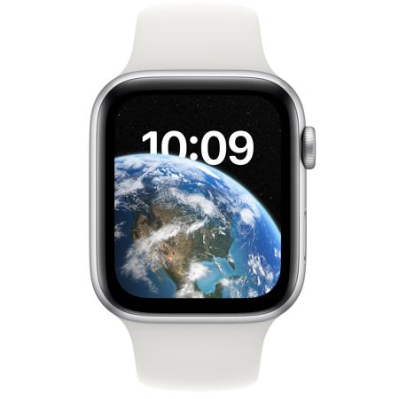 Apple Watch SE GPS, 44mm Silver Al Case with White Sport Band, Small/Medium,2022