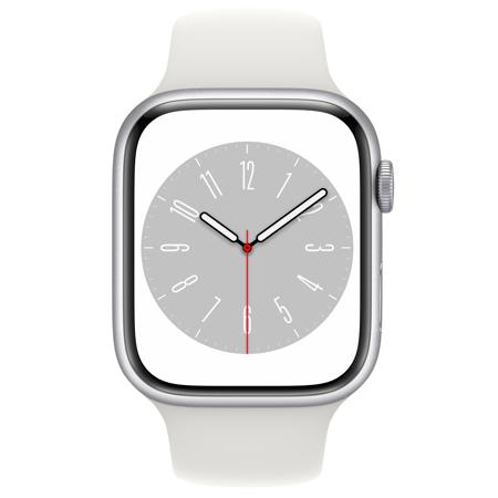 Apple Watch Series 8 GPS + Cellular, 45mm Silver AL Case w/White Sport Band, S/M
