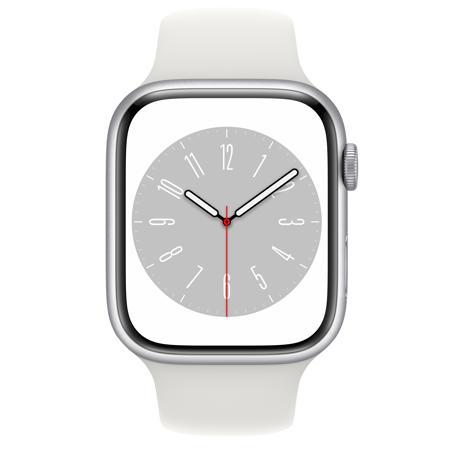 Apple Watch Series 8 GPS, 45mm Silver AL Case w/White Sport Band, Small/Medium