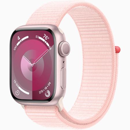 apple Watch Series 9 GPS Aluminum Case, Pink Case Adjustable Strap Light Pink Sport Loop 41mm