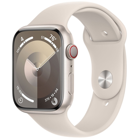 Apple Watch Series 9 GPS + Cellular Aluminum Case, Starlight Case 45mm Medium/Large Strap Starlight Sport Band
