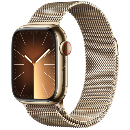 Apple Watch Series 9 GPS + Cellular Stainless Steel Case, Gold Milanese Loop Adjustable Strap Gold Case 45mm