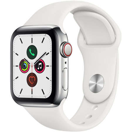 Apple Watch Series 5 GPS + Cellular, 40mm Stainless Steel Case, White Sport Band