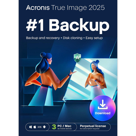 Acronis True Image 2025 Backup & Cloning Software, 3 PC/Mac, Perpetual, Download