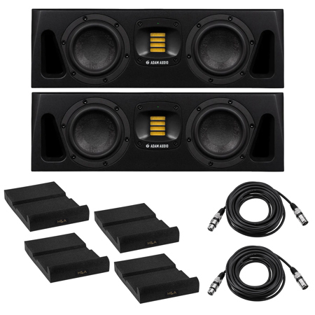 Adam Audio 2x A44H Horizontal 4" 130W Powered Active 2-Way Studio Monitor Bundle with 2x XLR M to F Microphone Cable - 25', 2x Isolation Pad