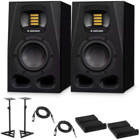 Adam Audio 2x A4V Vertical 4" 130W Powered Active 2-Way Studio Monitor Bundle with 2x Studio Monitor Stand, 2x TRS 1/4" Male to 1/4" Male Cable, 2x Isolation Pad