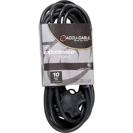 American DJ Accu-Cable EC-123 10' 12/3 AWG 3-Outlets Edison AC Extension Cord, Black