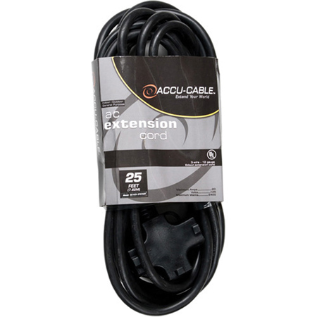 American DJ Accu-Cable EC-123 25' 12/3 AWG 3-Outlets Edison AC Extension Cord, Black