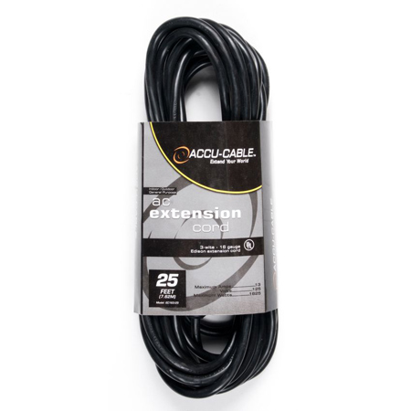 American DJ Accu-Cable EC-163 25' 16/3 AWG Edison AC Extension Cord, Black