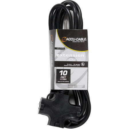American DJ Accu-Cable EC-163 10' 16/3 AWG 3-Outlets Edison AC Extension Cord, Black