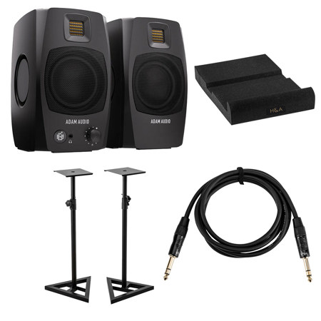 Adam Audio D3V 3.5" 80W Desktop Monitor, Pair, Black, Bundle w/2x Stand & Cable