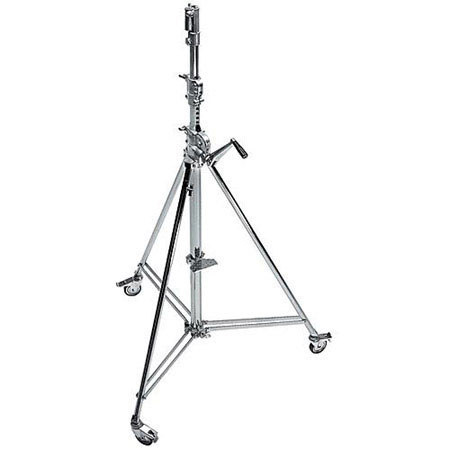 Avenger 12.8' Wind Up 39 Cine Stand with Braked Wheels, 3 Sections, 2 Risers and 1 Leveling Leg, Chrome Steel