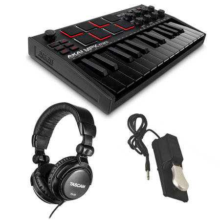 Akai MPK Mini MK3 25-Key MIDI Controller, Black with Headphones, Pedal