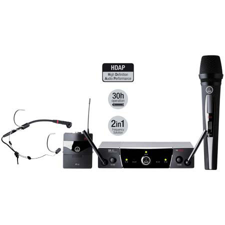 AKG WMS 40 DUAL PRESENTER Wireless System with Handheld Microphone Transmitter, Bodypack Transmitter, Dual channel Receiver & C444L Headset Mic, Tv Channel 54