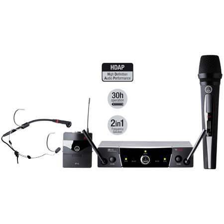 AKG WMS 40 DUAL PRESENTER Wireless System with Handheld Microphone Transmitter, Bodypack Transmitter, Dual channel Receiver & C444L Headset Mic, Tv Channel 60