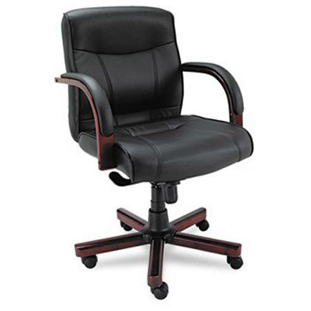 Alera Madaris Mid-Back Swivel/Tilt Leather Chair with Wood Trim, Black/Mahogany
