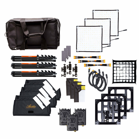Aladdin Micro Bi-Flex M7 70W Bi-Color LED V-Mount 3-Light Kit with Softboxes, Grids, Stands and Bag
