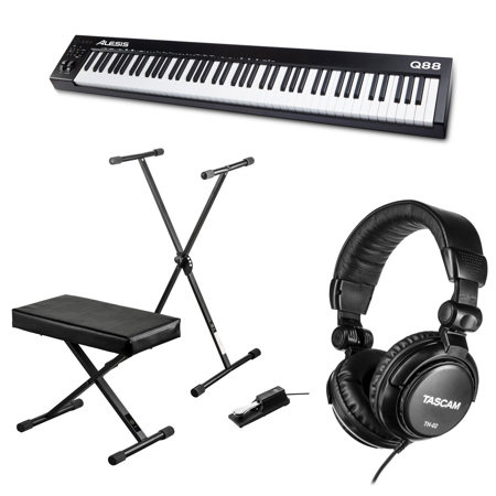 Alesis Q88 MKII 88 Key USB MIDI Keyboard Controller Bundle with Keyboard Stand Bench Sustain Pedal Studio Monitor Headphones