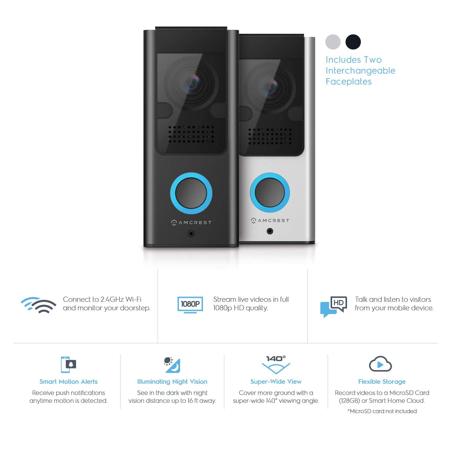 Amcrest SmartHome 1080p 2MP Wi-Fi Video Doorbell Camera, 16' Night Vision