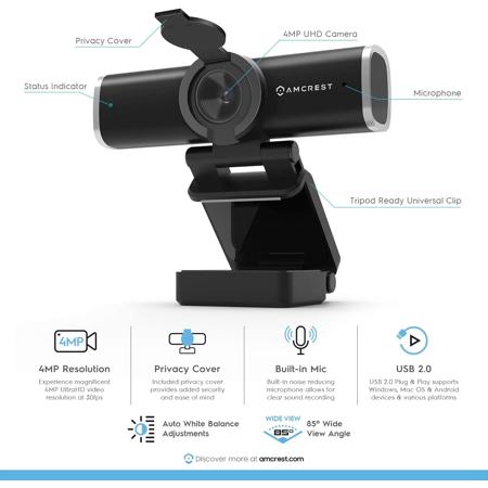 Amcrest AWC496 4MP QHD USB Webcam w/Built-In Microphone and Privacy Cover, Black