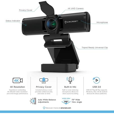 Amcrest AWC897 8MP 4K UHD USB Webcam w/Built-In Microphone & Privacy Cover,Black