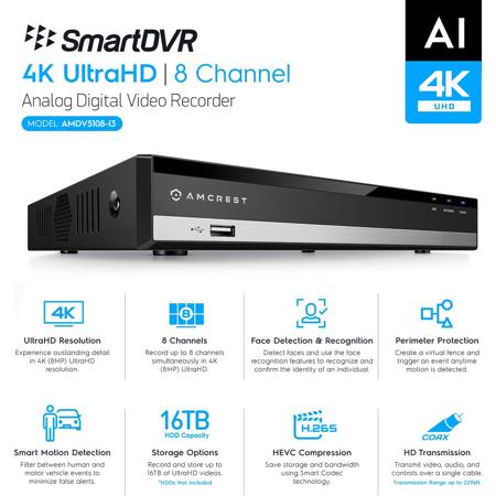 Amcrest AMDV5108 4K UHD 8-Channel H.265 AI DVR with 2TB HDD