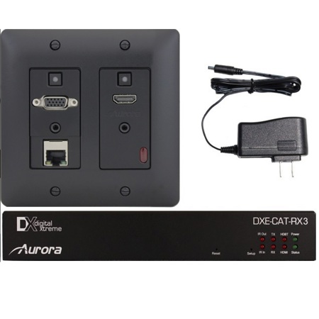 Aurora Multimedia 2-Input 330'/600' HDBaseT CAT Wall Plate Extender with IP Control, VGA, HDMI, Black