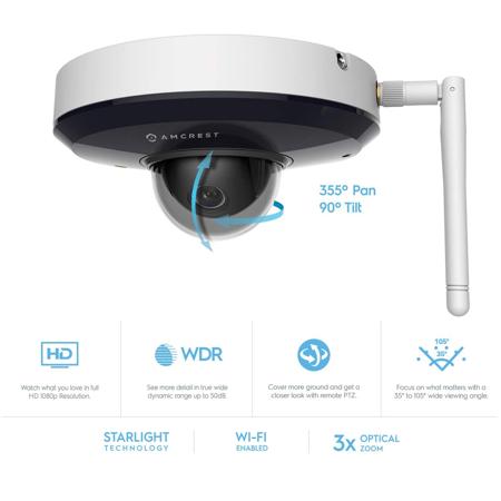 Amcrest ProHD 1080P 2MP Wi-Fi PTZ Vandal Dome IP Camera, 2.7-8.1mm Lens, White