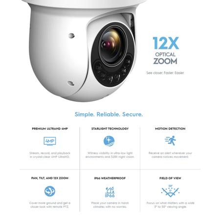Amcrest IP4M-1053EW 4MP Outdoor IP PTZ Dome Camera, 12x Optical Zoom, White